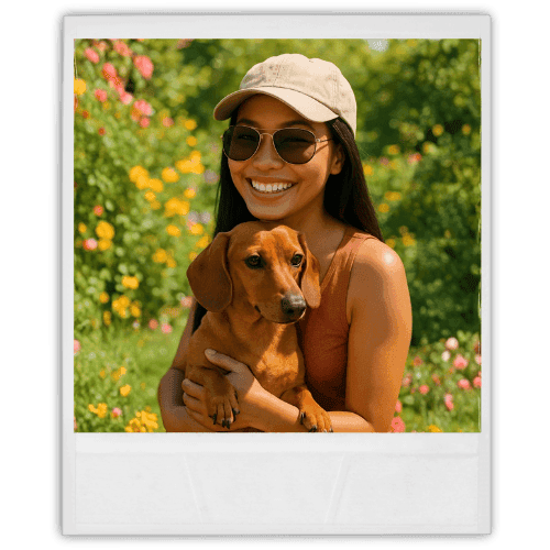 A woman holding her dachshund.